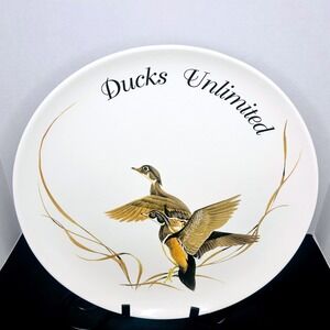 Large~ Ducks Unlimited round plate, wood ducks in flight by artist Art Lamay